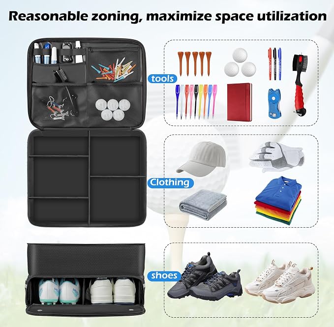 Golf Trunk Organizer Waterproof Car Golf Storage with Ventilated Compartment for 2 Pairs of Shoes, Ideal for Golf Balls Tees Caps Clothes Gloves and Accessories Golf Gift for Men and Women - Image 2