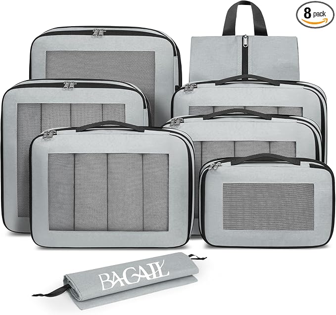 BAGAIL 8 Set Compression Packing Cubes, Expandable Luggage Organizer Bags for Travel Accessories (Gray) by BAGAIL