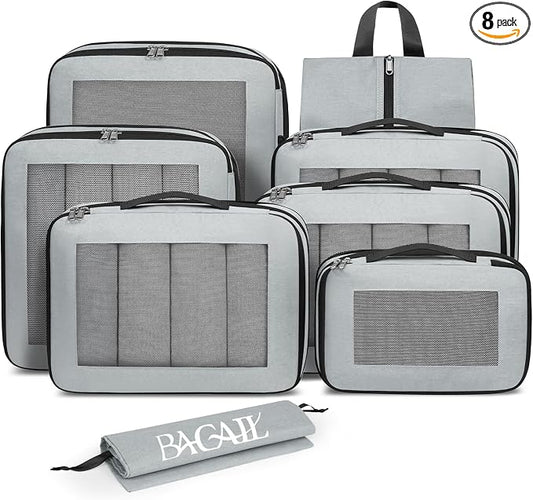 BAGAIL 8 Set Compression Packing Cubes, Expandable Luggage Organizer Bags for Travel Accessories (Gray) by BAGAIL