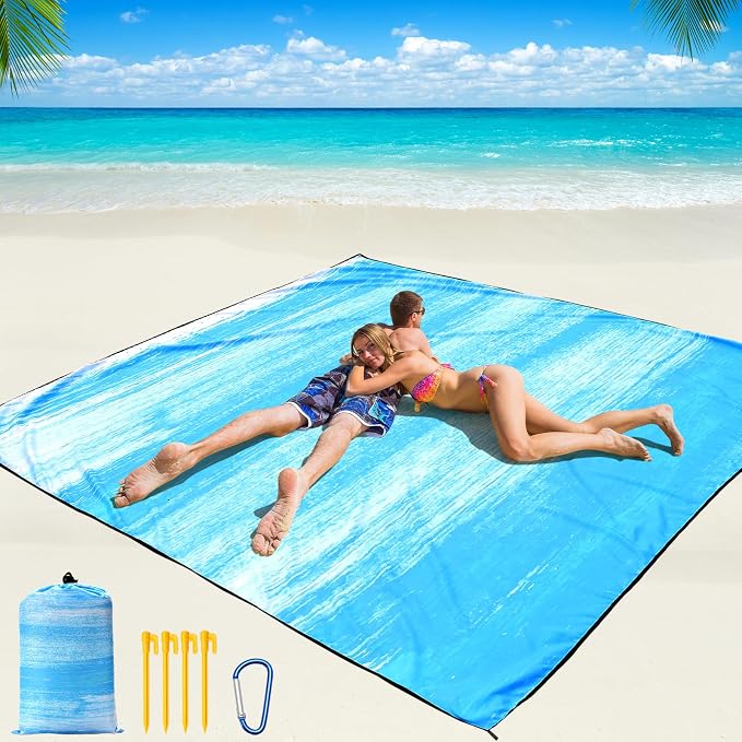 WIWIGO Beach Blanket Waterproof Sandproof Beach Mat 79" X 83"/10'x9'for 2-8 Adults Quick Drying Outdoor Picnic Mat Beach Accessories for Travel, Camping, Hiking by WIWIGO