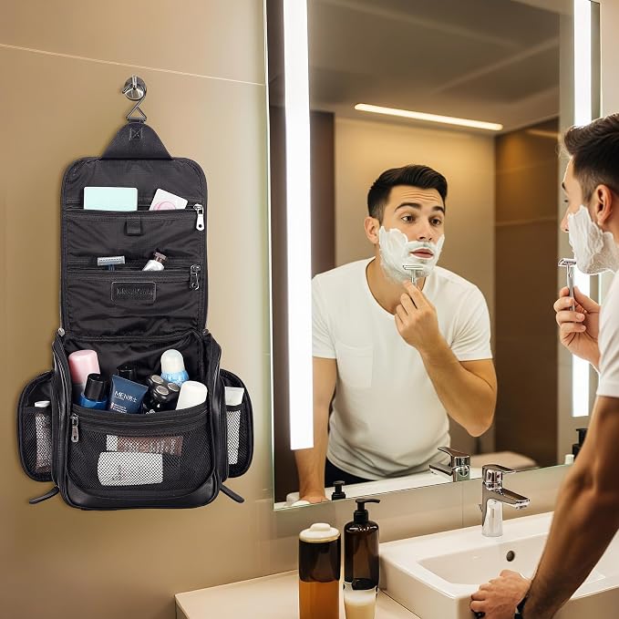 Masa Kawa Leather Hanging Travel Toiletry Bag for Men Portable Expandable Camping Cosmetics Makeup Toiletries Organizer Waterproof Bathroom Shaving Kit Black Wash Bags - Image 2