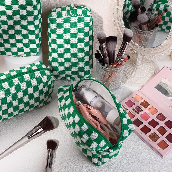 SOIDRAM Checkered Makeup Bag Preppy Cosmetic Bag Bulk Green Makeup Pouch Personalize Travel Toiletry Bag Organizer Cute DIY Makeup Brushes Storage Bag for Women - Image 2