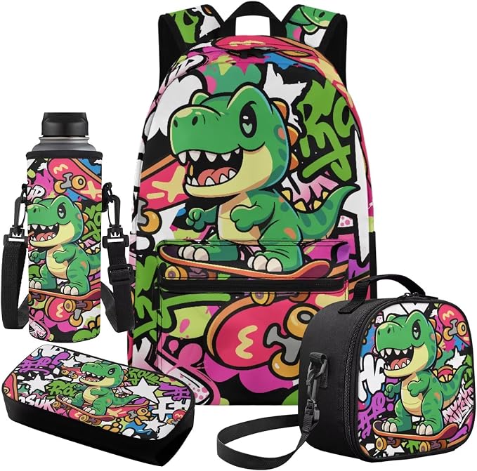 Dinosaur Backpack for Boys 5th Grade Cute Backpack and Lunch Box for Girls Boys 4-in-1 School Bag Set Lightweight 17" Kids Bookbag Ages 8-10 10-12 Teens Daypack Purse - Image 2