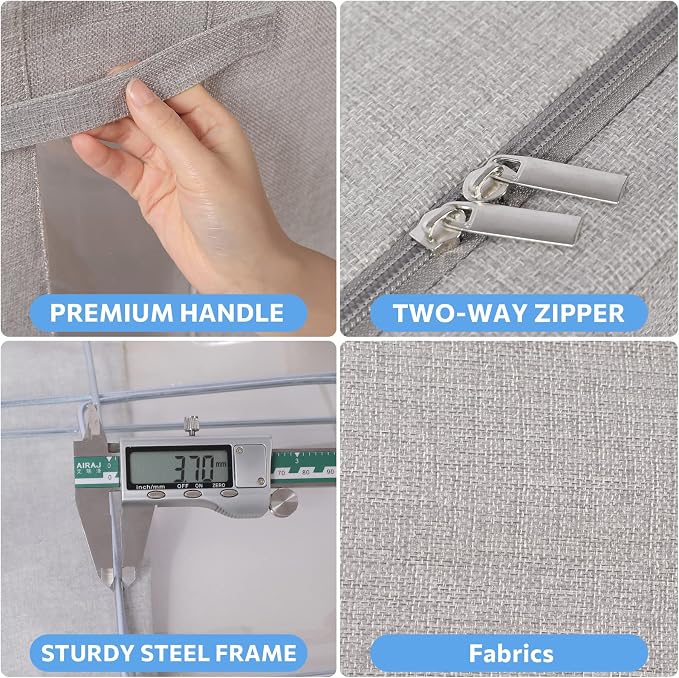 CYhom 2Pack Extra Large Clothes Storage Bins Box - Linen Fabric Foldable Stackable Container Organizer Set with Clear Window & Carry Handles & Metal Frame (Light Grey, Extra Large-100L) - Image 5