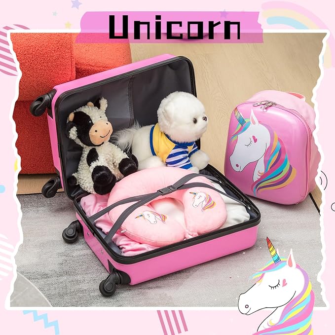 Sanwuta 4 Pcs Kids Luggage Set Back to School Gifts for Girls Boys Carry On Rolling Suitcase Backpack Neck Pillow Travel Set(17 Inch,Unicorn Style,Pink) - Image 9