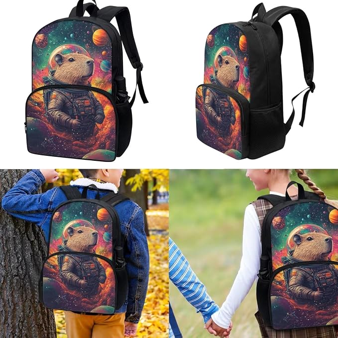 Cute Capybara Backpack for School Boys 6-7 8-9 with Lunch Box Primary Student Solar System Planets School Bag and Lunch Bag Set 2nd Grade Bookbag/Lunchbox, 3 Piece - Image 3