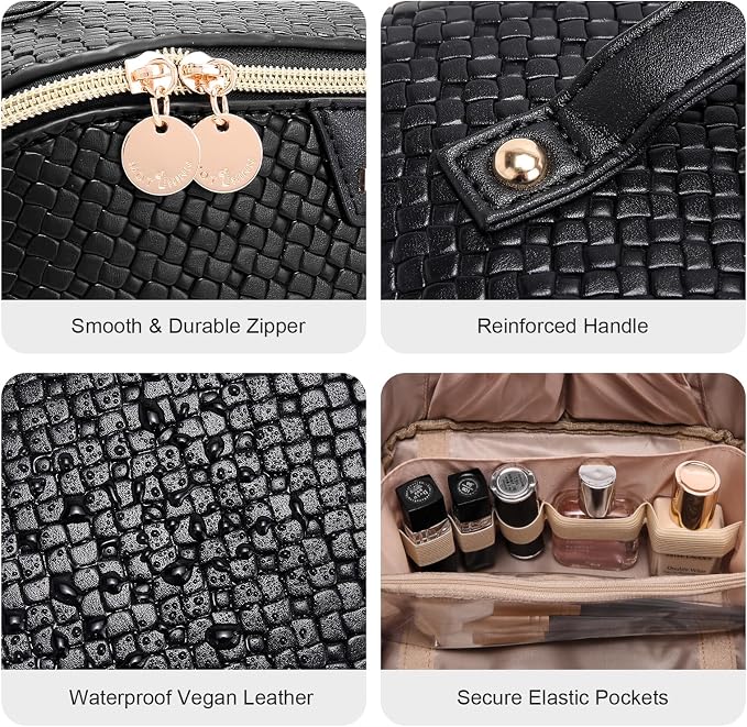 Travel Makeup Bag for Women: Designer 3 Pcs Set Cosmetic Bags for Women - Large Capacity Vagen Leather Hand-made for Toiletry Organizer - Ladies Travel Flat Open Essentials for Luxury (03Black) - Image 4