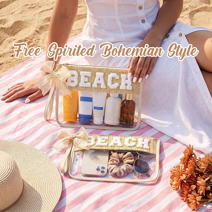 8 Pcs Boho Woven Straw Beach Makeup Bag Bulk Chenille Letter Bag Nylon Makeup Clear Zipper Pouch Preppy Waterproof Beach Necessities Vacation Essentials Toiletry Organizer for Women - Image 7