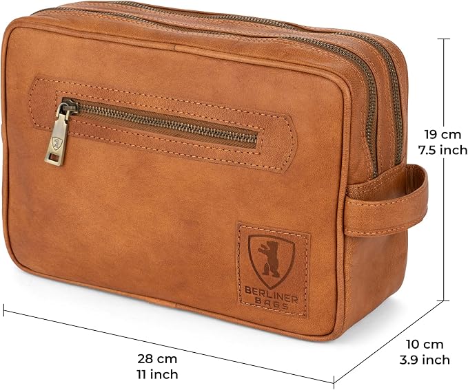 BERLINER BAGS Vintage Genuine Leather Toiletry Bag Paul for Travel, Two Zippered Compartments, Large Capacity Cosmetics Bag for Men and Women, Gift for Dad - Brown - Image 8