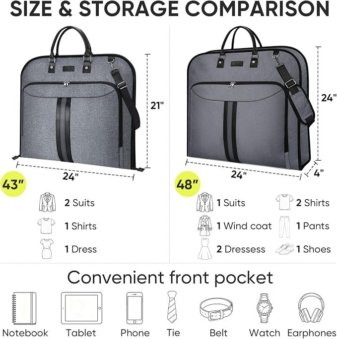 BALEINE Travel Garment Bag, Travel Suit Bag for Men, Water Resistant Carry on Garment Bag for Hanging Clothes, Garment Duffel Bag for Travel Business (Grey, 48") - Image 4