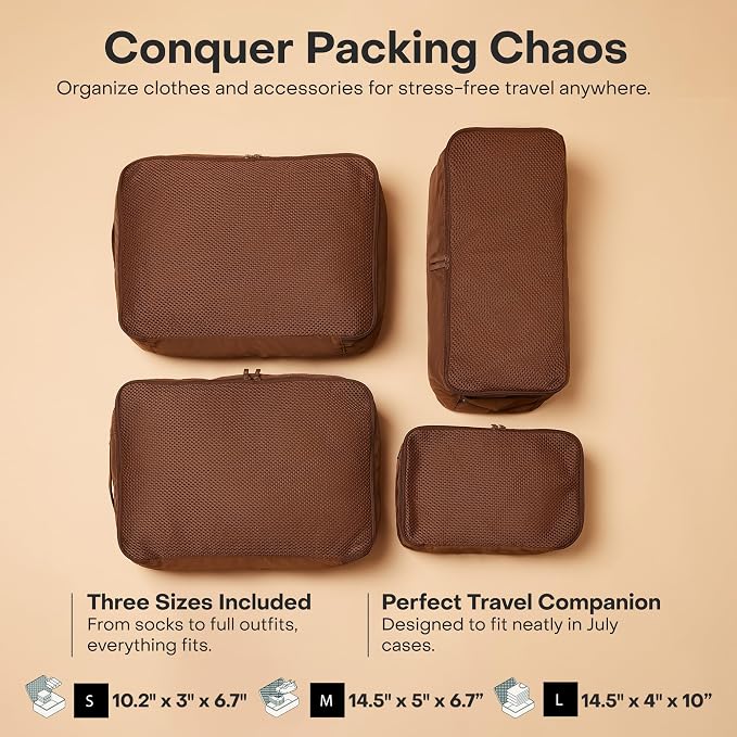 July Packing Cells - 4 Set Packing Cubes Luggage Organizer Bags (S, M, 2 x L), Must-Have Suitcase Organizer for Travel, Road Trip & Camping Accessories, Stain-proof, Washable, 3 Sizes - Dark Brown - Image 2