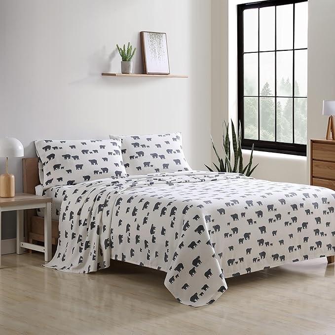 Eddie Bauer - Flannel Sheets Queen Size, Anti-Pilling & Wrinkle Resistant Cotton, Touchably Soft for All-Season Comfort - Bed Sheets with Matching Pillowcases & Fitted Sheet (Bear Family Grey)