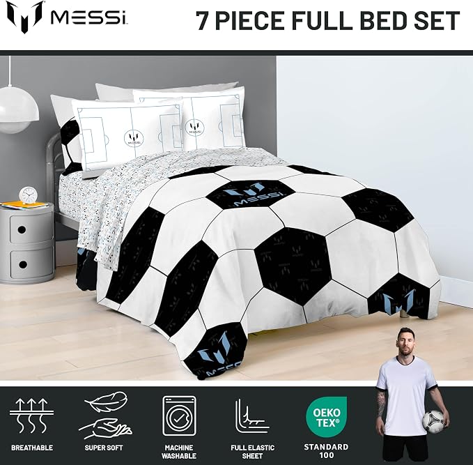 Jay Franco Kids Comforter Set Includes Sheets and Pillow Cover - Soft and Cozy Bed Set for Stylish Room Décor, White - Messi, 7 Piece Full - Image 4