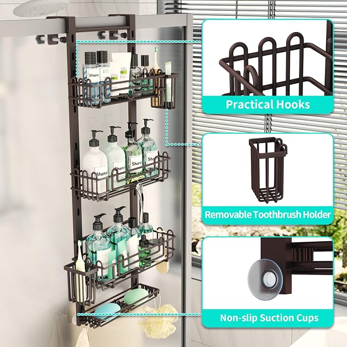 HapiRm 4 Tier Over the Door Shower Caddy, Hanging Shower Caddy with 22 Hooks and 2 Toothbrush Holders, No Drilling Adjustable Hanging Bathroom Organizer - Bronze - Image 3