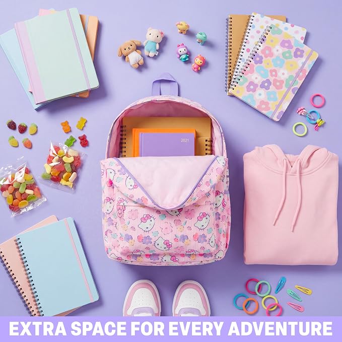 Get Trend Hello Kitty Girls Corduroy Backpack 4 Piece Set | 17 inch Bookbag with Laptop Pocket, Insulated Lunch Bag, Zipped Pencil Case & Lanyard, Back to School Kawaii Gifts for Girls - Image 7