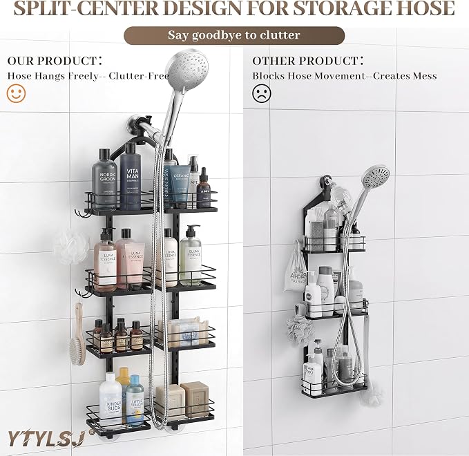 4-Tier Hanging Shower Caddy for Handheld Showerhead, Heavy-Duty Stainless Steel with Dual-Rotating Clamp, Matte Black - Image 5