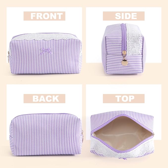 Makeup Bag Travel Toiletry Bag for Women, Small Cosmetic Bags with Lace Trim Cute Purple Stripe Aesthetic Organizer Makeup Pouch for Purse Emergency Bag Pencil Case Accessory Bag - Image 2