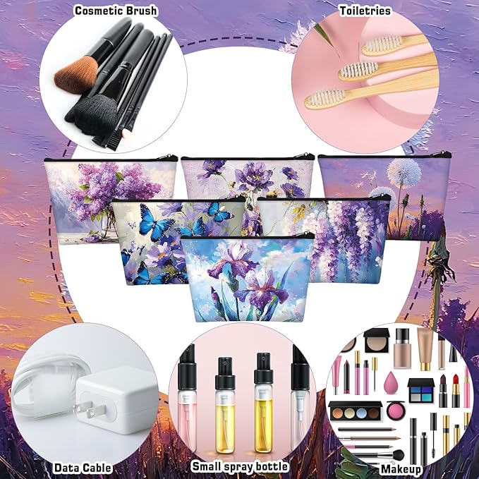 Sweetude 12 Pcs Purple Flowers Makeup Bags Bulk Purple Portable Travel Cosmetic Bag with Zipper Oil Painting Floral Waterproof Roomy Travel Toiletry Organizer Storage Beauty Pouch for Women Gifts - Image 4