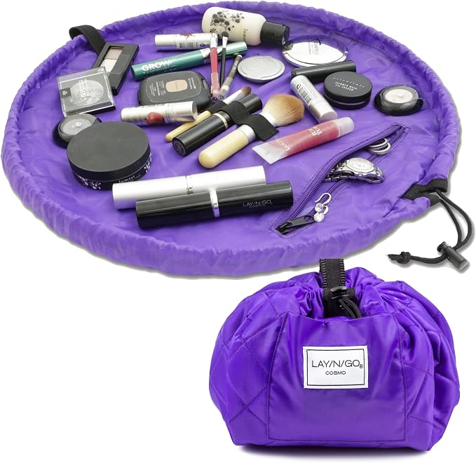 Lay-n-Go Cosmo Layflat Drawstring Cosmetic & Makeup Bag Organizer w/Zipper Pocket, Brush Loops & More, Cinch to Close, Lay Flat to Use, Durable, Machine Wash, Travel Toiletry Bag (20", Purple) by Lay-n-Go