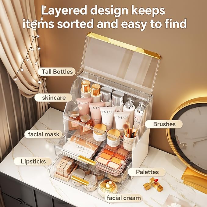Makeup Organizer Countertop with Lid, Skincare Organizers for Vanity, 3 Tiers Clear Makeup Storage Cosmetic Display Cases Holder for Bedroom Bathroom Dresser Desk Countertop - Image 3