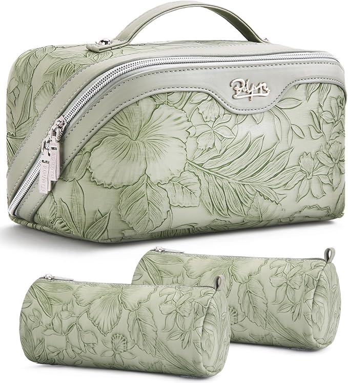BOYATU Travel Makeup Bags Cosmetic Organizer Bag: 3-Set Large Capacity Make up Bag - PU Leather Toiletry Bags for Women - Wide Open Portable Pouch with Divider & Handle (02-Light Green) by BOYATU