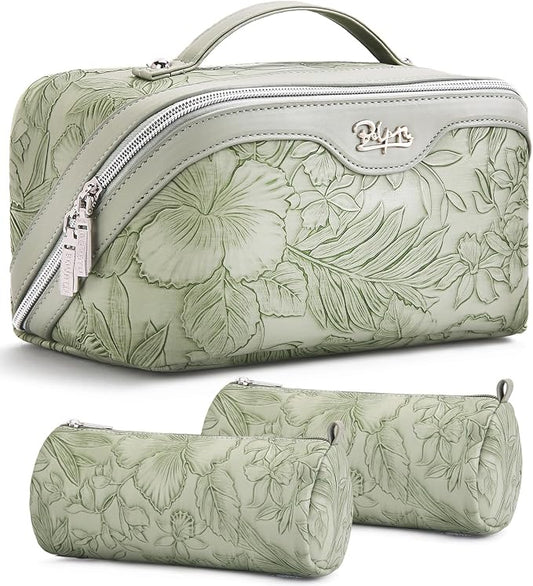 BOYATU Travel Makeup Bags Cosmetic Organizer Bag: 3-Set Large Capacity Make up Bag - PU Leather Toiletry Bags for Women - Wide Open Portable Pouch with Divider & Handle (02-Light Green) by BOYATU