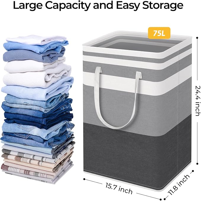 HomeHacks 2 Pack Large Laundry Baskets, Waterproof, Freestanding Laundry Hampers, Collapsible Clothes Hamper with Reinforced Handles in Laundry, College Dorm, Bathroom, Bedroom (Grey+Blue, 75Lx2) - Image 4