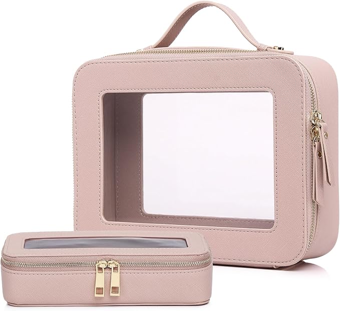 Pinkmik Clear Makeup Bag with Brush Bag 2pcs Waterproof Travel Case for Cosmetics and Toiletries Women's Cosmetic Organizer with Zipper (Pink, L+SLIM) by Pinkmik