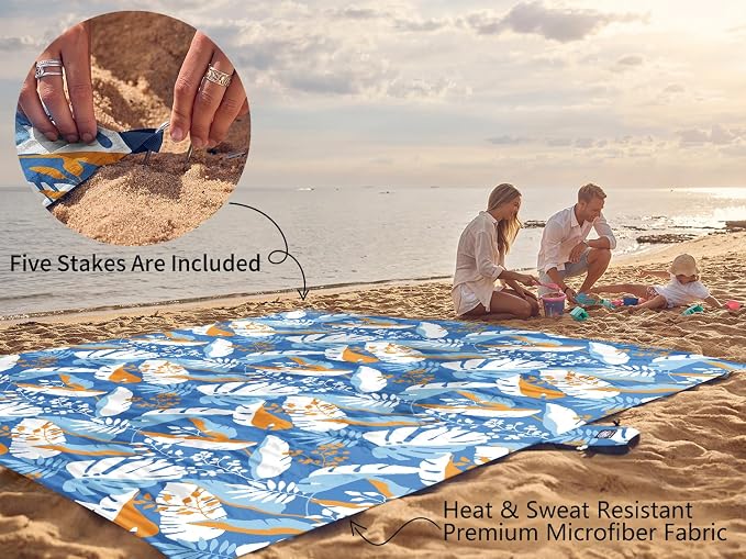 WEKAPO Beach Blanket Waterproof Sandproof Oversized, Extra Large Beach Mat Sand Free, Lightweight & Compact Sand Free Mat with 5 Stakes & 4 Corner Pockets - Image 6