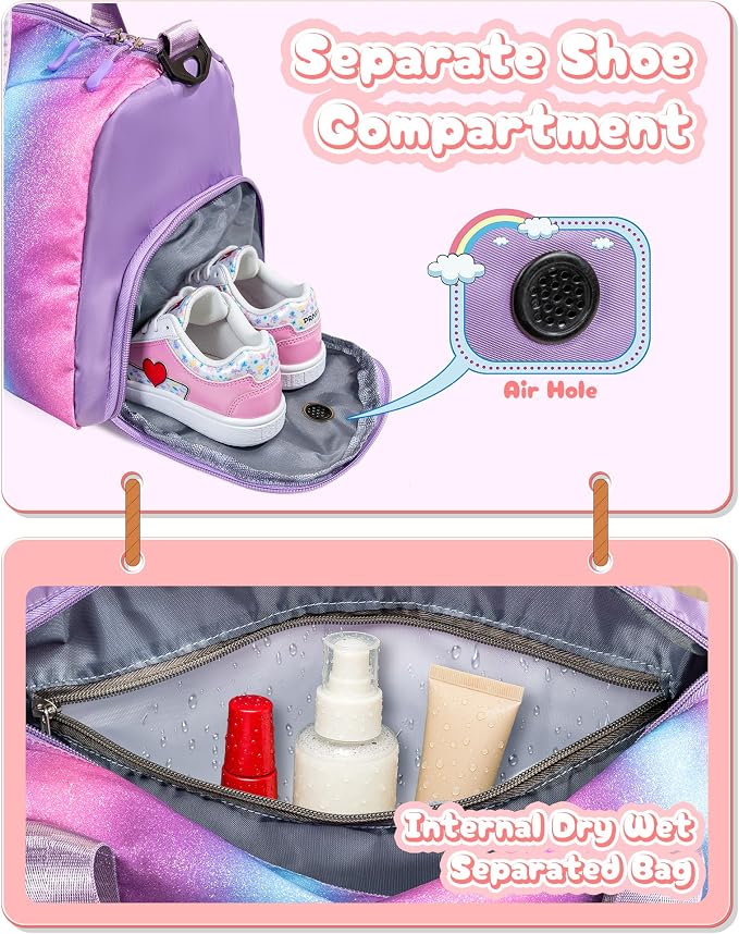 Cute Bags for Girls-Girl Gym Bag with Shoe Compartment, Kid Personalized Weekender Overnight Bags, Initial Travel Tote with Makeup Pouch, Gift for 3 4 5 6 7 Year Old Kids (Letter T) - Image 7