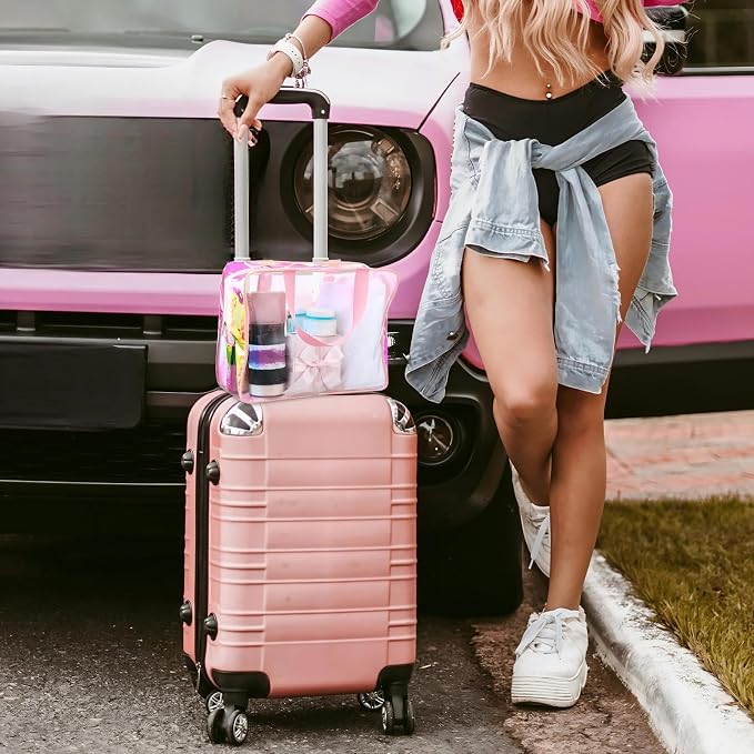 Sweetude 6 Pcs Large Clear Toiletry Bag with Handle Large Capacity Travel Iridescent Beach Makeup Bag PVC Clear Plastic Tote Punch Cosmetic Clothes Storage Organizer for Women Men (Pink) - Image 6