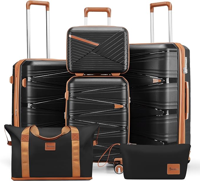TRAVELEO 6 Piece Luggage Set PP Hardshell, Expandable Suitcase Set with Spinner Wheels (20/24/28), Includes 14" Cosmetic Case, Travel Duffel & Toiletry Bag, Lightweight TSA Lock Nested Set (Black) by Unknown