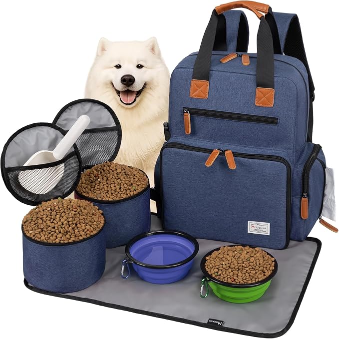 Modoker Dog Travel Bag, Airline Approved Backpack for Pet Accessories Organizer, Tote Weekend Bag with 2 Food Storage Containers, 2 Collapsible Dog Bowls, 1 Pet Mat, Blue by Modoker