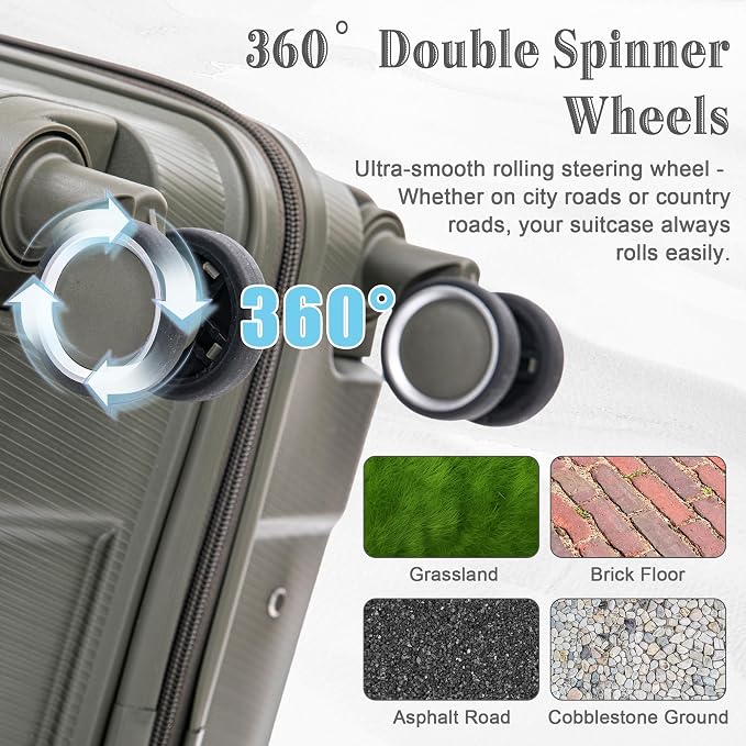 4-Piece PP Hardshell Luggage Set with 14" Cosmetic Case, 20"/24"/28" Spinner Suitcases,Carry On with Iron Telescopic Handle, Combination Lock,360° Double Silent Wheels,Waterproof Travel Set,Green - Image 7