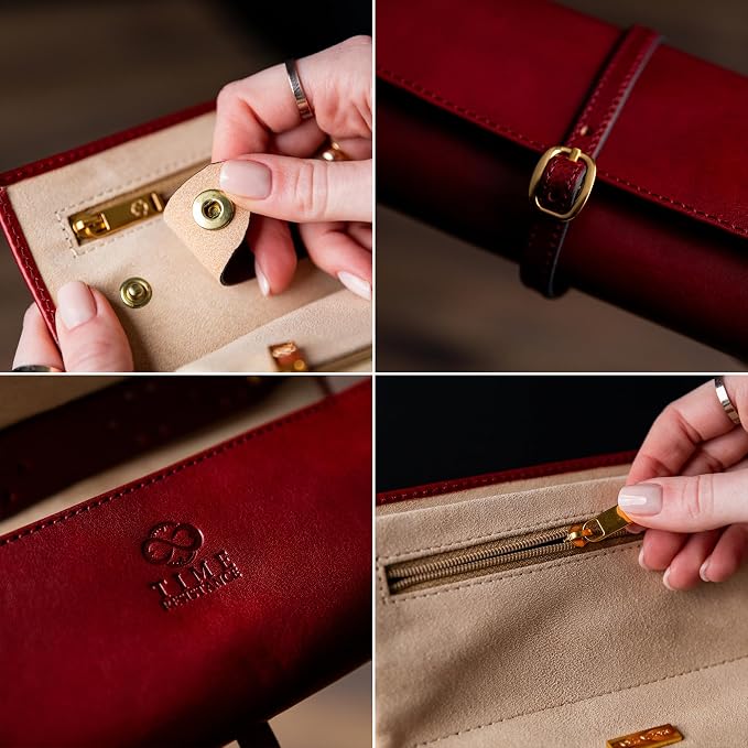 Time Resistance Leather Jewelry Roll - Full Grain Leather Travel Jewelry Case - Jewellery Organizer Made in Italy (Red) - Image 5