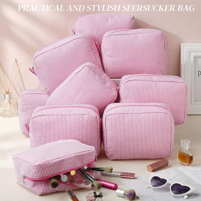Sanwuta 9 Seersucker Cosmetic Bag Bulk Striped Makeup Bag for Women Aesthetic Cute Travel Toiletry Organizer Preppy Storage Pouch for Wedding Bridesmaid Mother's Day Teacher Gift (Large,Pink) - Image 4
