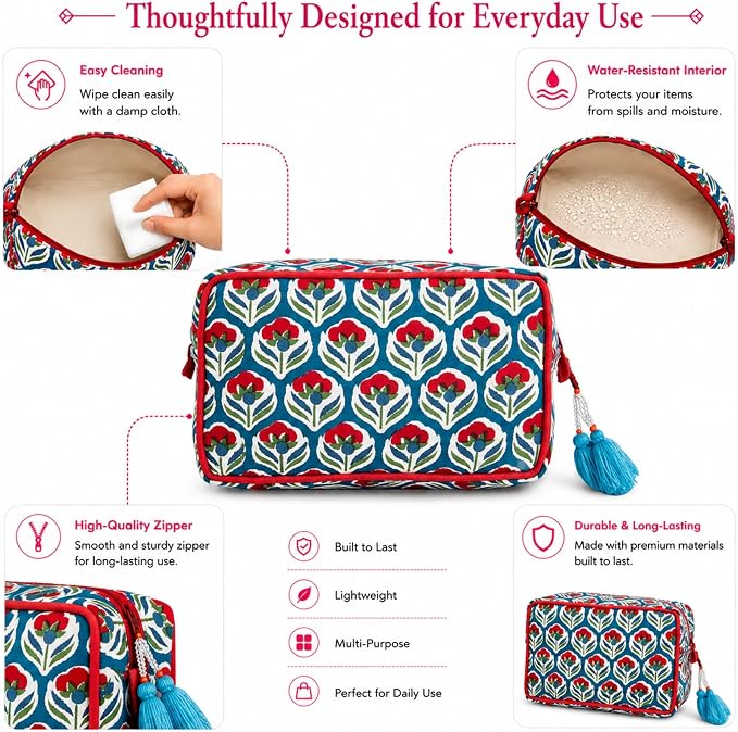 Huar Travel Makeup Bag- Large Capacity Cosmetic Bags for Women - Water Resistance Lining Portable Pouch & Open Toiletry Bag - Perfect Girls Makeup Organizer for Travel Essentials (White & Red Floral) - Image 3