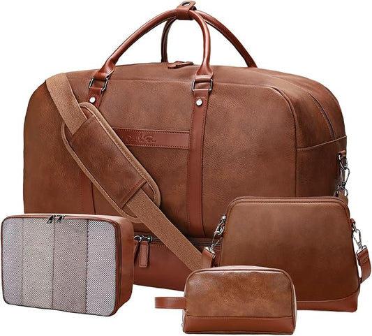 Large 4-in-1 Leather Duffle Bag for Travel Weekender Overnight Hospital Gym Bag for Men & Women, Carry On Airline Approved Personal Item Duffel Garment Bag Luggage with Shoe Compartment & Toiletry Bag by Unknown