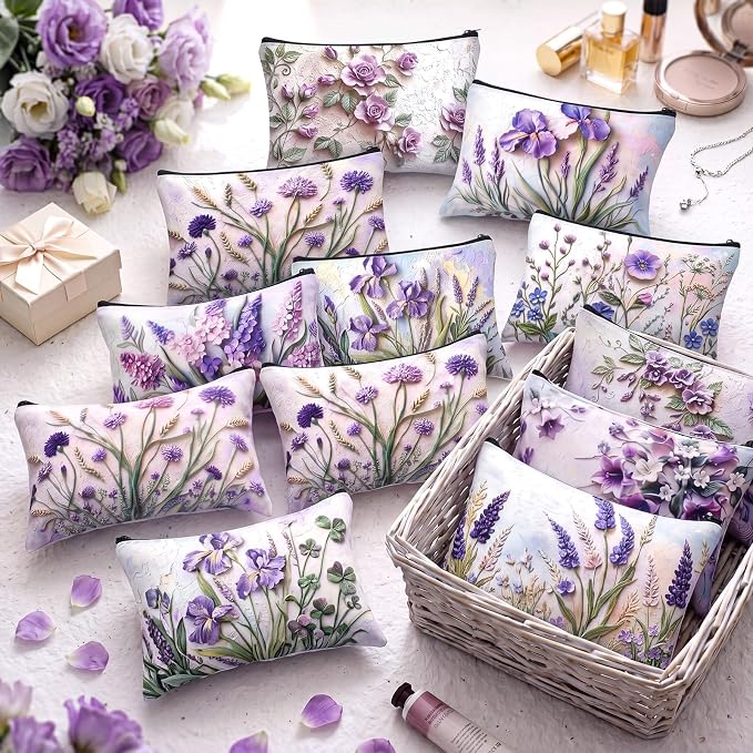 Sweetude 12 Pcs Purple Relief Flower Makeup Bags Bulk Purple Portable Travel Cosmetic Bag with Zipper Oil Painting Floral Waterproof Roomy Travel Toiletry Organizer Storage Beauty Pouch for Women Gift - Image 2