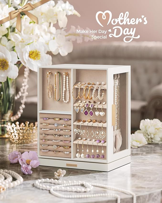 SONGMICS GISELLA Collection - Jewelry Box Organizer 360° Rotating, Vertical Jewelry Storage Case with 5 Drawers, Glass Window, Spacious, Open Design, Great Gift, Cloud White UJBC170W01 - Image 2