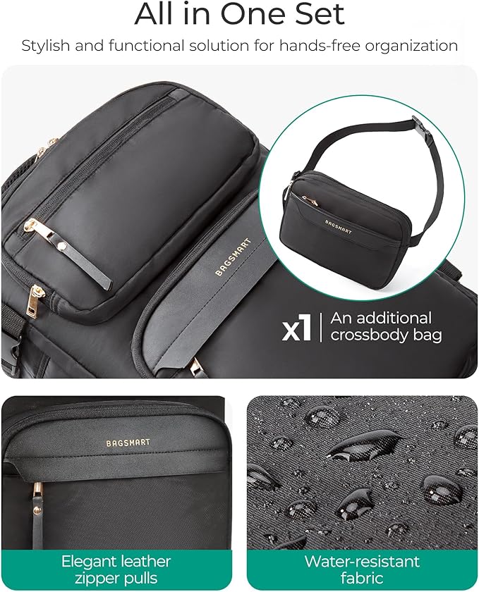 BAGSMART Womens Backpack Carry On Flight Approved, Travel Backpack for Women with Waist Bag, Traveling Lightweight Weekender Casual Daypack 17.3" Laptop Work Back pack Personal Item Travel Bag, Black - Image 3