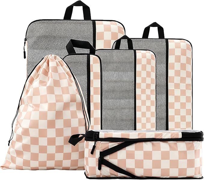 U+U 6 Set Compression Packing Cubes - Ultralight Travel Organizers with Laundry Bag, Space-Saving Suitcase Organizer for Travel, Business Trip and Family Vacation (Khaki Checkered) by UU