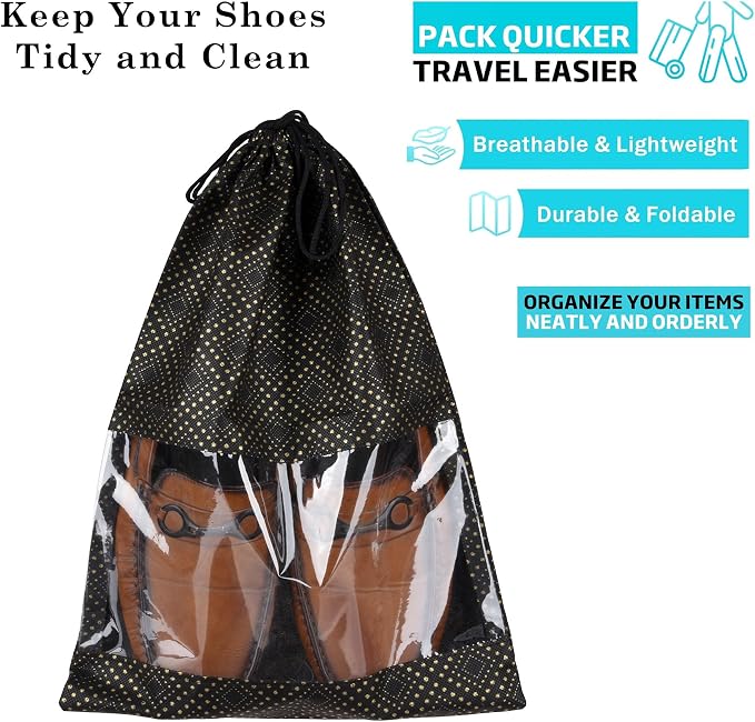 Kuber Industries Shoe Bags | Shoe Bags for Travel | Drawstring Shoe Storage Bags | Storage Organizers Set | Shoe Cover with Transparent Window | Shoe Pouches | Golden Dot-Print | Pack of 6 | Black - Image 2
