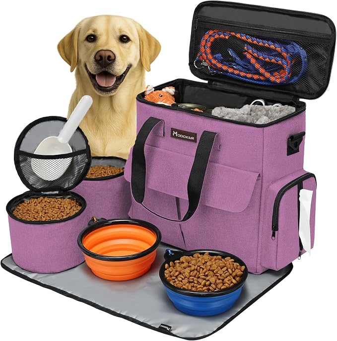 Modoker Dog Travel Bag with 2 Food Bags, 2 Bowls and 1 Mat (Pink) | Roomy Main Compartment | Multiple Functional Pockets | Water-Resistant Oxford Fabric | PVC Backing | Leak-Resistant Lining by Modoker