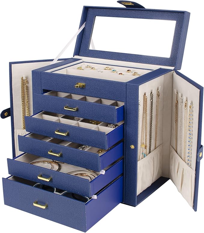 AKOZLIN 6-Tier Jewelry Box Organizer Functional 5 Drawers Leather Jewelry Storage Case for Women Girls Ring Necklace Earring Bracelet Holder Organizer with Mirror Blue Large - Image 8
