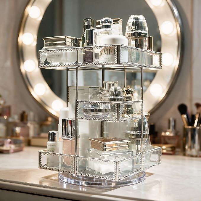 Luxury Silver Glass Cosmetic Storage Organizer, 4-Tier Makeup Display Case with Multiple Compartments, Countertop Vanity Organizer for Perfume, Skincare, Cosmetics, Bathroom Dresser Storage Rack - Image 5