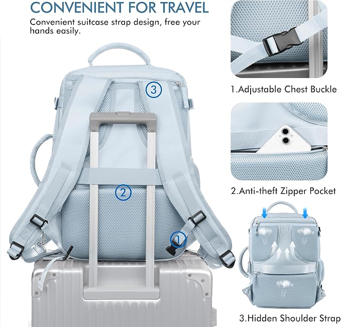 Beraliy Travel Backpack for Women Men, Carry On Backpack, 16 inch Laptop Backpack, Waterproof Casual College Daypack for Weekender Overnight Hiking, Light Blue - Image 7