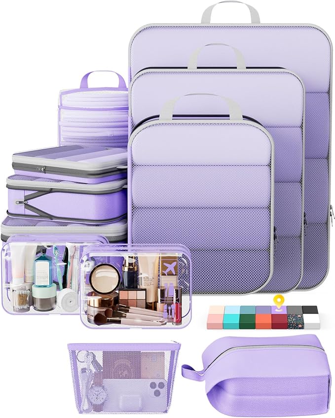 Veken 11 Set Compression Packing Cubes for Travel Essentials,Compressible Expandable Luggage Suitcase Organizer Bags with Garment Bag,Space Saver Bags with Over 1000 pcs of Mesh Holes(Light Purple) by Veken