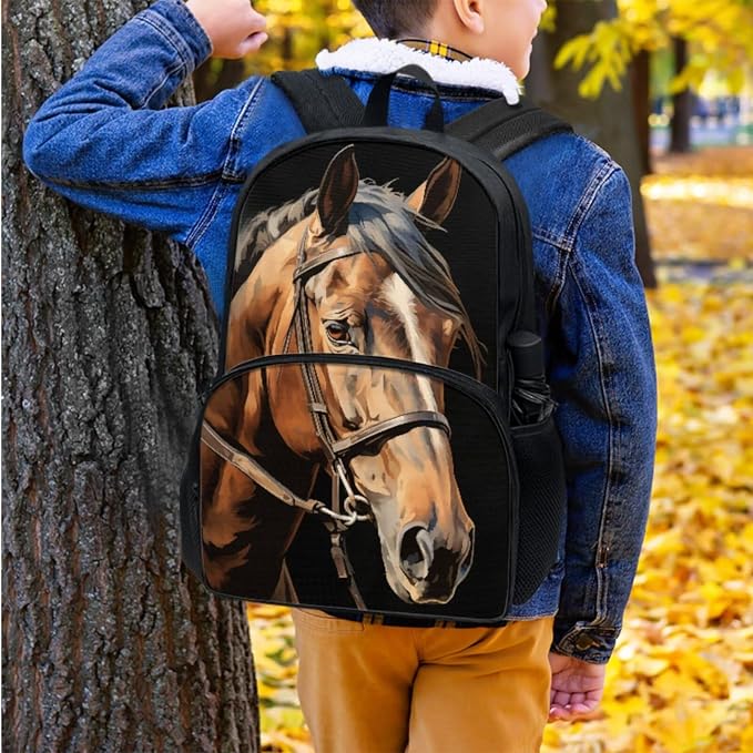 Boys Brown Horse Black School Backpack for Girls Schoolbag Book Daypack Knapsack Rucksack Lunch Bags Pen Pencil Case Protective Water Bottle Cup Holder Cover Stationery Bag - Image 7