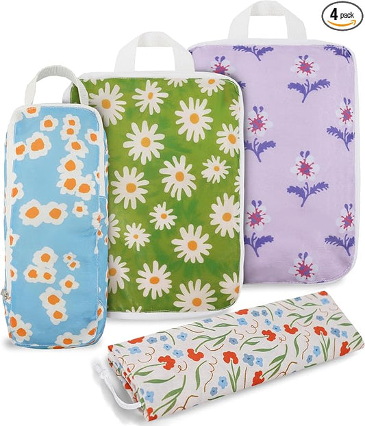 4 Pcs Compression Packing Cubes, Packing Cubes for Travel, Waterproof Luggage Organizer Bags Set, Cute Packaging Cubes for Women Kids Backpack Carry-Ons by Xmzsdz